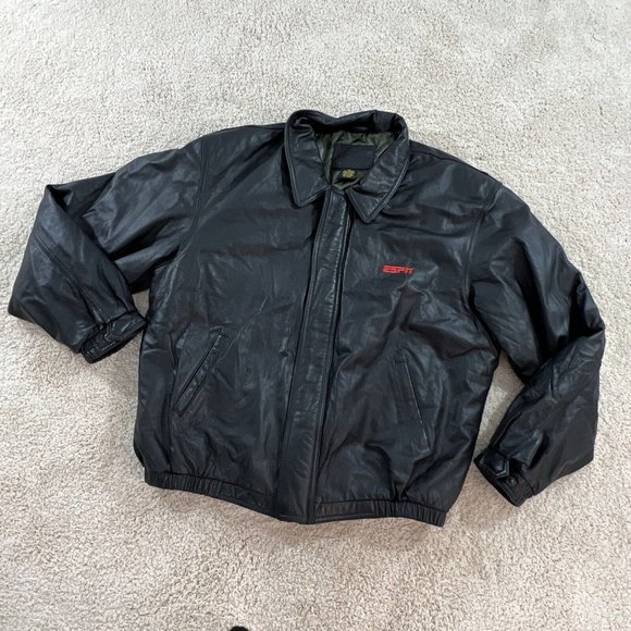 Port Authority Mens Leather Jacket XL Black Bomber ESPN - Picture 2 of 13